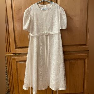 Girls dressy white dress with ribbon tie.